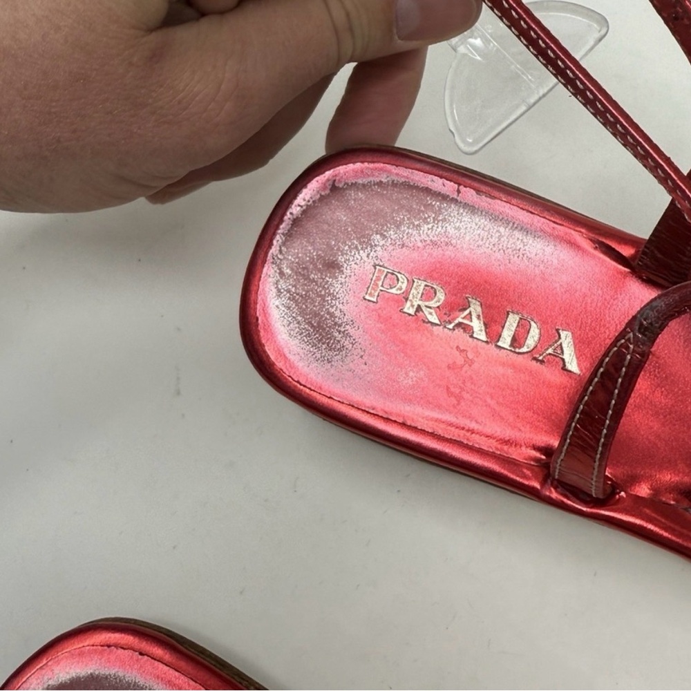 Prada Capretto Thong Leather Sandals Metallic Pinkish Red Size 7.5 (EU 38) - Picture 7 of 9